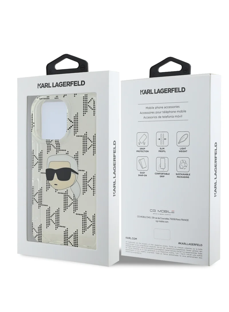 Karl Lagerfeld iPhone 16 Pro Case IML Hard Cover with Electroplated Karl Head & Monogram Design / Drop protection / Slim Profile / Easy Snap-On / Comfortable Grip-Transparent
