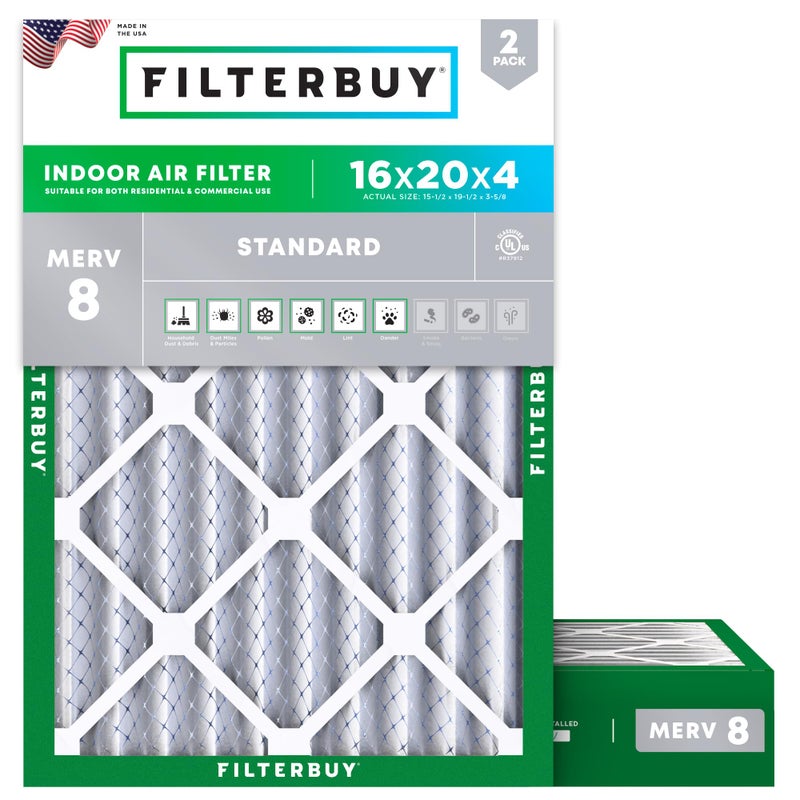 Filterbuy 16x20x4 Air Filter MERV 8 Essential Dust Allergy Defense 2Pack Electrostatic Pleated HVAC AC Furnace Filters Replacement Made in USA Actual Size 1550 x 1950 x 363 - Image 2