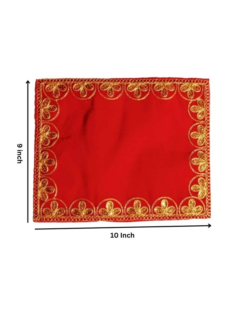 DEV POOJA STORE Velvet Pooja AasanAsanBaithak for Puja and Mandir Puja Altar Cloth Embroidered Velvet Pooja Chowki Assan Mat for Mandir Pack of 2 Size 10x9InchColorRed  - Image 3