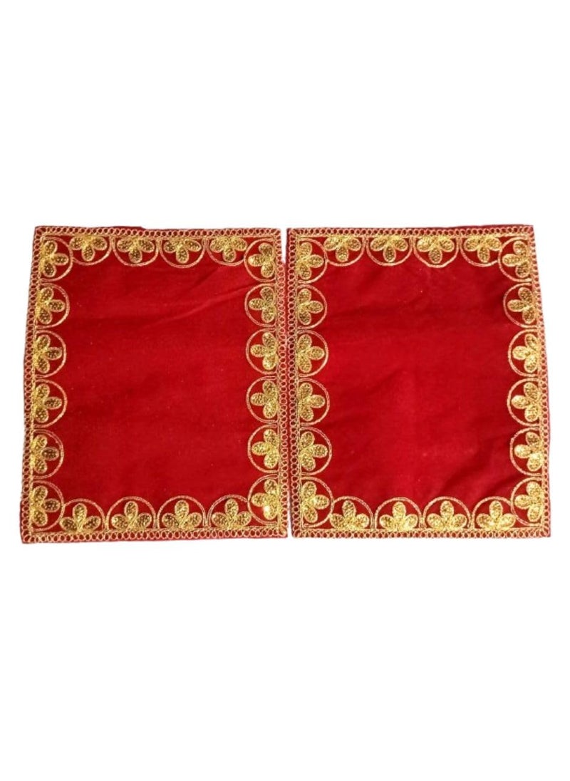 DEV POOJA STORE Velvet Pooja AasanAsanBaithak for Puja and Mandir Puja Altar Cloth Embroidered Velvet Pooja Chowki Assan Mat for Mandir Pack of 2 Size 10x9InchColorRed  - Image 1