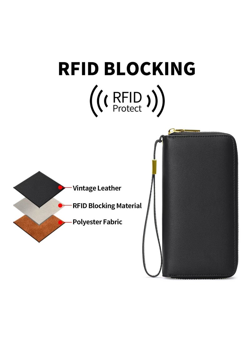 محفظة طويلة متعددة الوظائف للرجال من جلد PU مع حماية RFID - ٢٤ فتحة بطاقات، جيب عملات بسحاب، حافظة جواز سفر، بحزام يد - محفظة يد أنيقة للعمل والسفر والاستخدام اليومي - Image 3