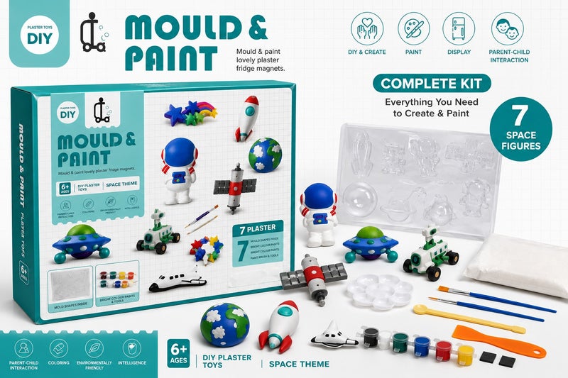 DIY Crafts DIY Space Plaster Magnet Kit for Kids, Paint Your Own 7 Space Figures, Complete Arts & Crafts Set with Gypsum, Paints, Brushes & Self-Adhesive Magnets, Educational STEM Gift for Boys & Girls Age 6+ - Image 1