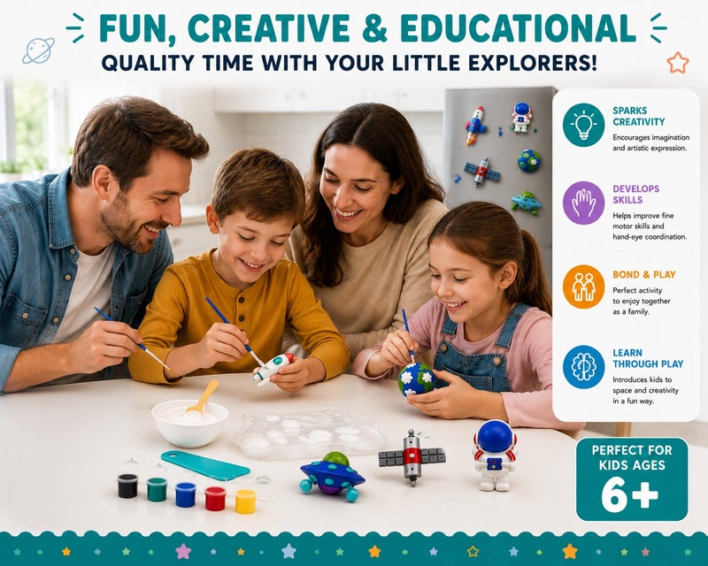 DIY Crafts DIY Space Plaster Magnet Kit for Kids, Paint Your Own 7 Space Figures, Complete Arts & Crafts Set with Gypsum, Paints, Brushes & Self-Adhesive Magnets, Educational STEM Gift for Boys & Girls Age 6+ - Image 5