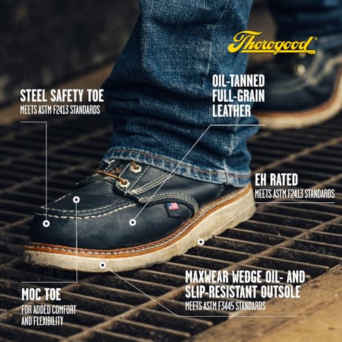 Thorogood American Heritage 6” Steel Toe Work Boots for Men - Full-Grain Leather with Moc Toe, Slip-Resistant Wedge Outsole, and Comfort Insole; EH Rated, Black - 9 D US - Image 4
