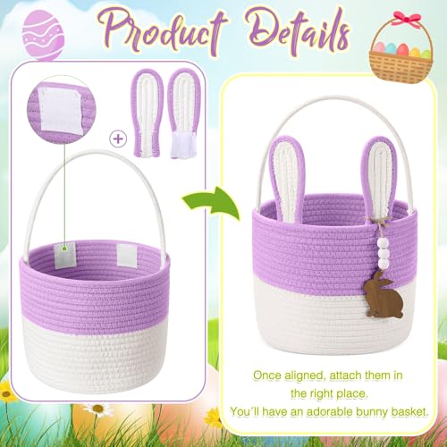 SiliFine Easter Basket for Kids Easter Bunny Basket with Name Tag Detachable Rabbit Ear Rustic Woven Gift for Girl Boy Baby Spring Party Decoration SuppliesPurple9 X 75 - Image 3