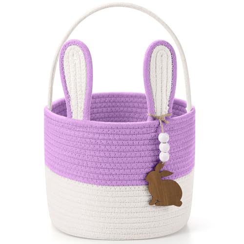 SiliFine Easter Basket for Kids Easter Bunny Basket with Name Tag Detachable Rabbit Ear Rustic Woven Gift for Girl Boy Baby Spring Party Decoration SuppliesPurple9 X 75 - Image 1