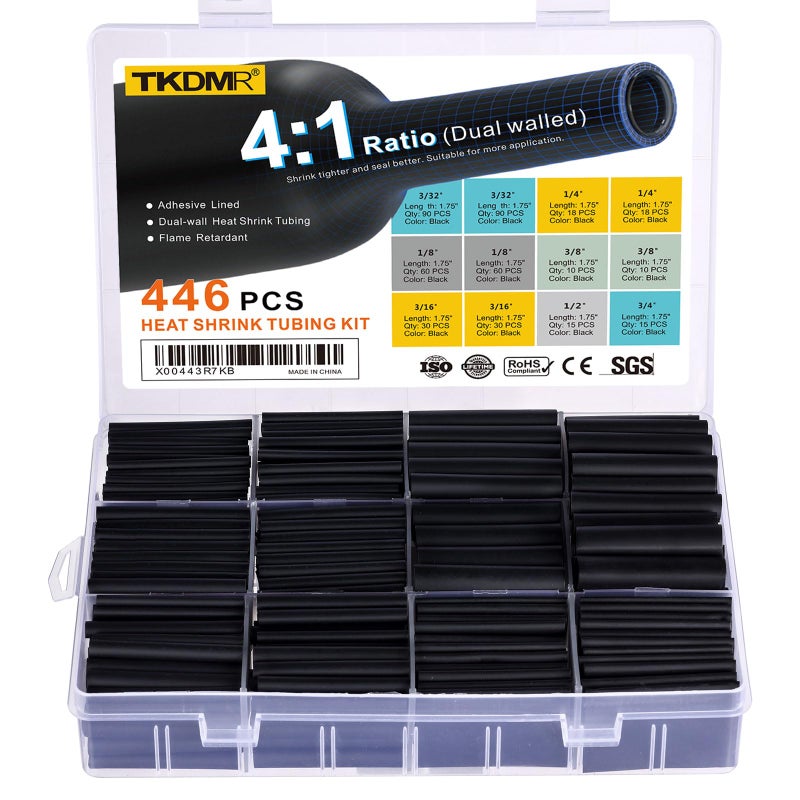 TKDMR 446 Pcs Heat Shrink Tubing Kit - 4:1 Ratio Adhesive Lined, Marine Grade Shrink Wrap - Industrial Heat Shrink Tubing,Black - Image 1