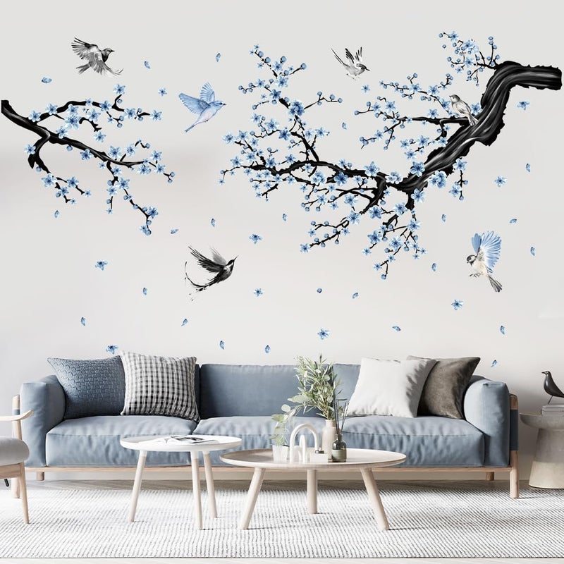 Aurbhosa Blue Floral Wall Sticker Hanging Flower Vine Room Decor Large Tree Branch Wall Decals Peel and Stick Birds Wall Stickers for Bedroom Living Room - Image 3