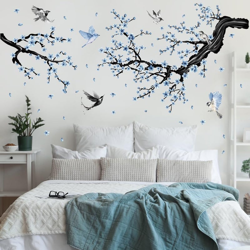 Aurbhosa Blue Floral Wall Sticker Hanging Flower Vine Room Decor Large Tree Branch Wall Decals Peel and Stick Birds Wall Stickers for Bedroom Living Room - Image 1