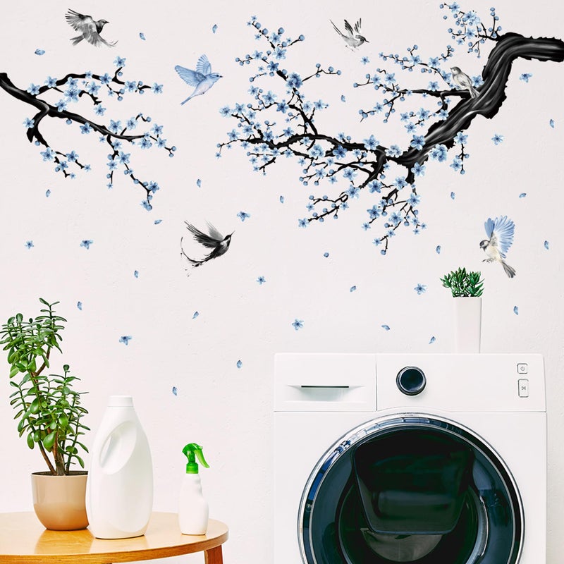 Aurbhosa Blue Floral Wall Sticker Hanging Flower Vine Room Decor Large Tree Branch Wall Decals Peel and Stick Birds Wall Stickers for Bedroom Living Room - Image 5