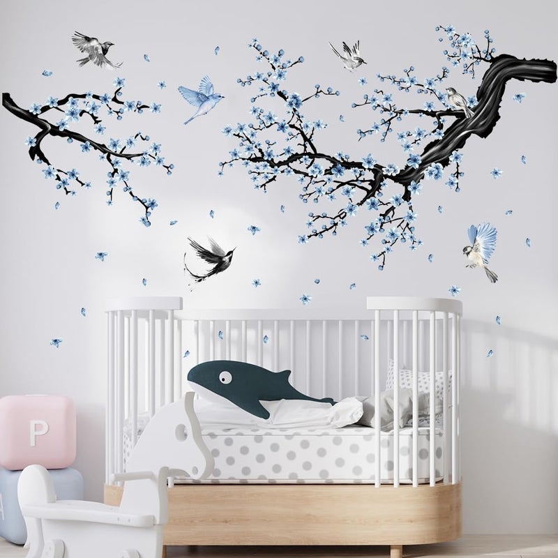 Aurbhosa Blue Floral Wall Sticker Hanging Flower Vine Room Decor Large Tree Branch Wall Decals Peel and Stick Birds Wall Stickers for Bedroom Living Room - Image 4