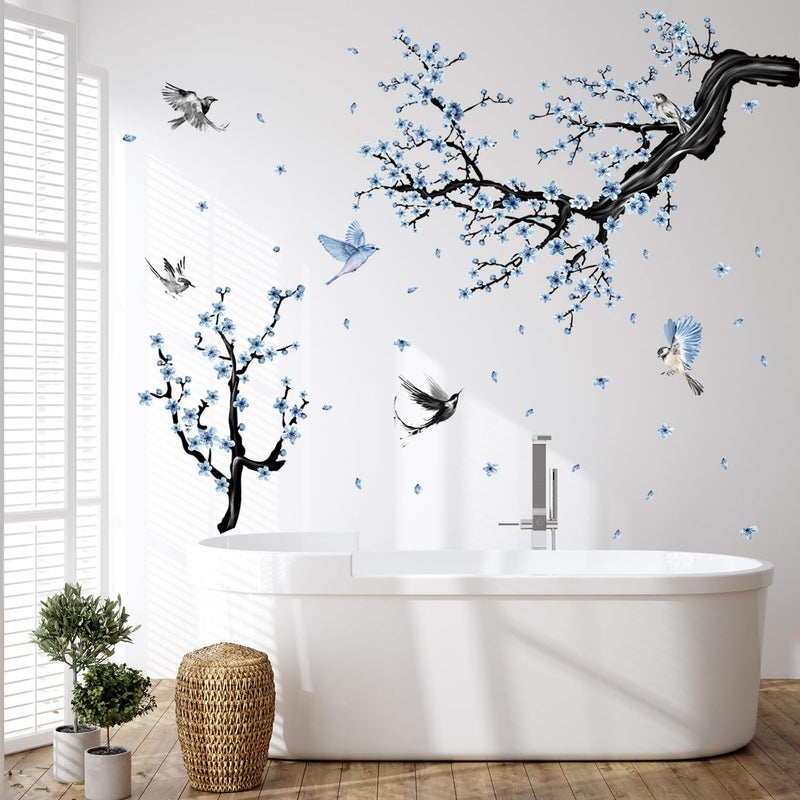 Aurbhosa Blue Floral Wall Sticker Hanging Flower Vine Room Decor Large Tree Branch Wall Decals Peel and Stick Birds Wall Stickers for Bedroom Living Room - Image 2