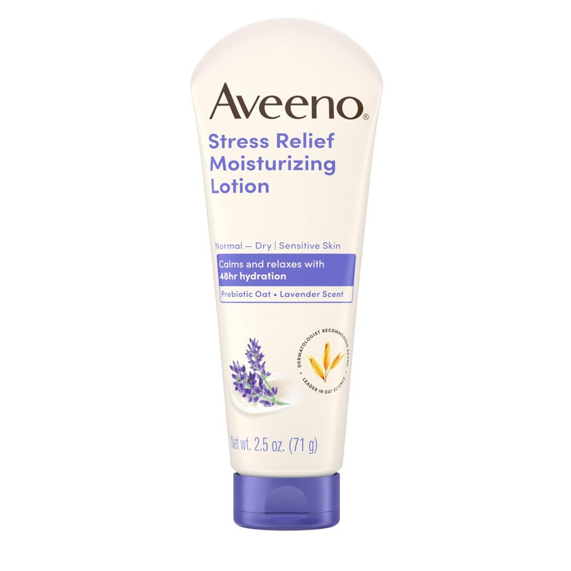 Aveeno Stress Relief Moisturizing Body Lotion with Lavender Scent & Prebiotic Oat to Calm & Relax, Non-Greasy, TSA-Approved Travel Size, 2.5 fl. oz, 12 Pack - Image 1
