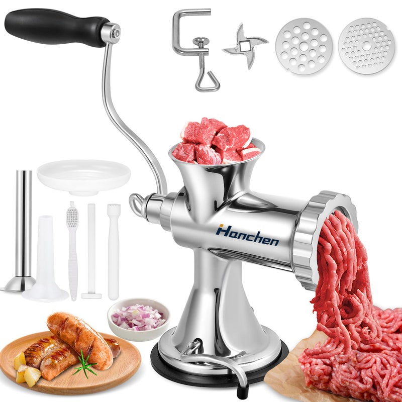 Hanchen Manual Meat Grinder Stainless Steel Sausage Maker Manual Meat Mincer Machine with 458mm Plates Suction Cup Household Sausage Stuffing Machine