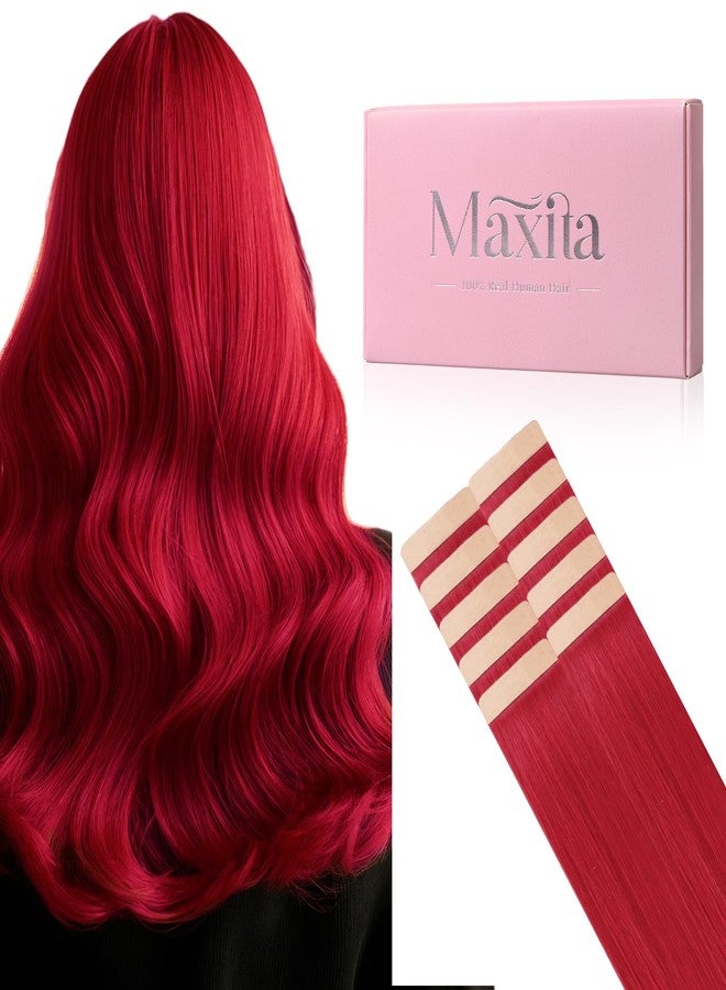 MAXITA إضافات شعر بشري ماكسيطا بشعر أحمر، 10 قطع 25 جرام 16 بوصة، إضافات شريط ملون لحفلات، شعر مستقيم ناعم حقيقي - Image 1