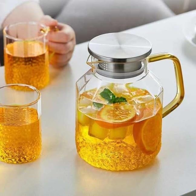 Borosilicate Glass Water Jug with Stainless Steel lid and Golden Handle Pitcher for Juice Detox Water iced Coffee Milk Sun Tea jar Carafe (Golden Handle 1.5 L)  - Image 2