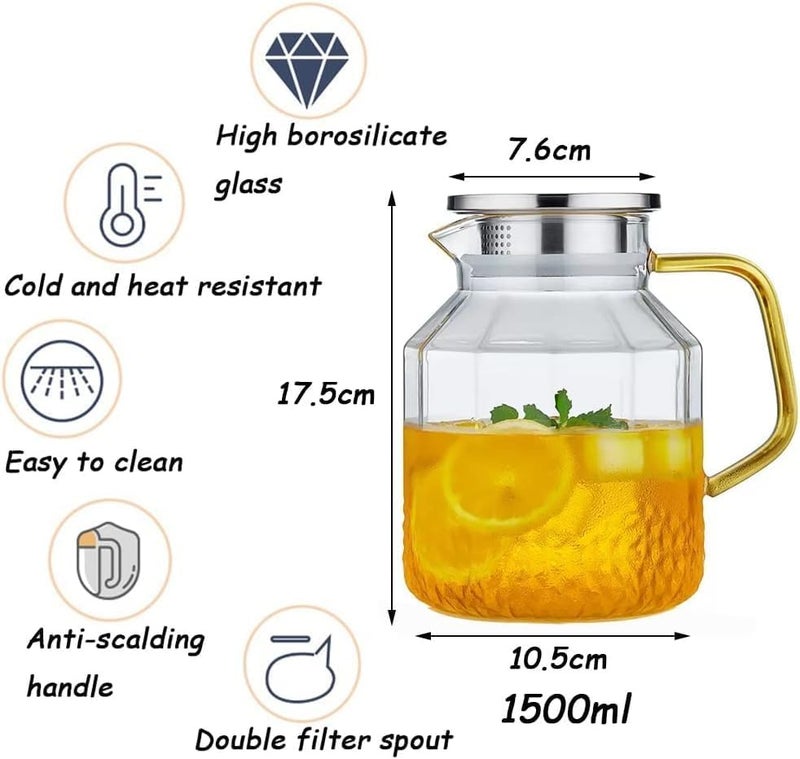 Borosilicate Glass Water Jug with Stainless Steel lid and Golden Handle Pitcher for Juice Detox Water iced Coffee Milk Sun Tea jar Carafe (Golden Handle 1.5 L)  - Image 4