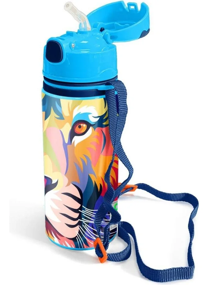 كورال هاي Kids Dark Blue Saks Lion Patterned Aluminum Flask with Straw 600 ml 11938