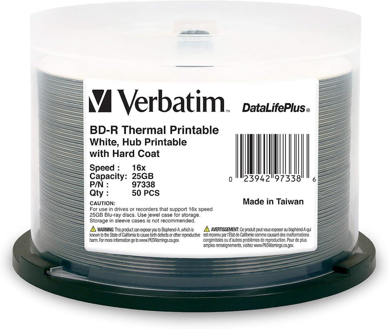 VERBATIM قرص BD-R سعة 25GB 16X DataLifePlus قابل للطباعة حرارياً، قابل للطباعة من المركز - 50 حبة في علبة - 97338 - Image 1