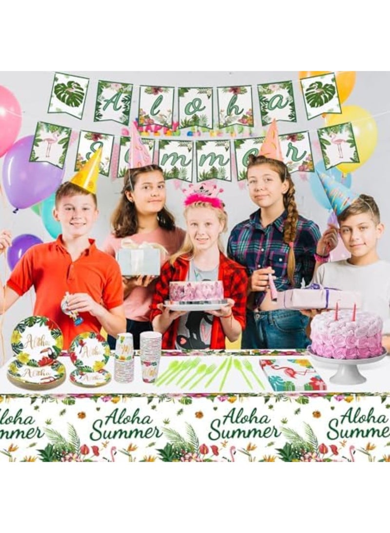 Luckam زينة حفلة ألوها، مجموعة زينة حفلة هاواي 118 قطعة أطباق ورقية أكواب مناديل مفرش طاولة للحفلات الصيفية على الشاطئ وحفلات المسبح للضيوف 16 - Image 4