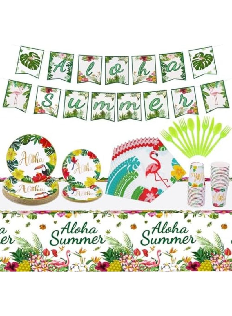 Luckam زينة حفلة ألوها، مجموعة زينة حفلة هاواي 118 قطعة أطباق ورقية أكواب مناديل مفرش طاولة للحفلات الصيفية على الشاطئ وحفلات المسبح للضيوف 16 - Image 1