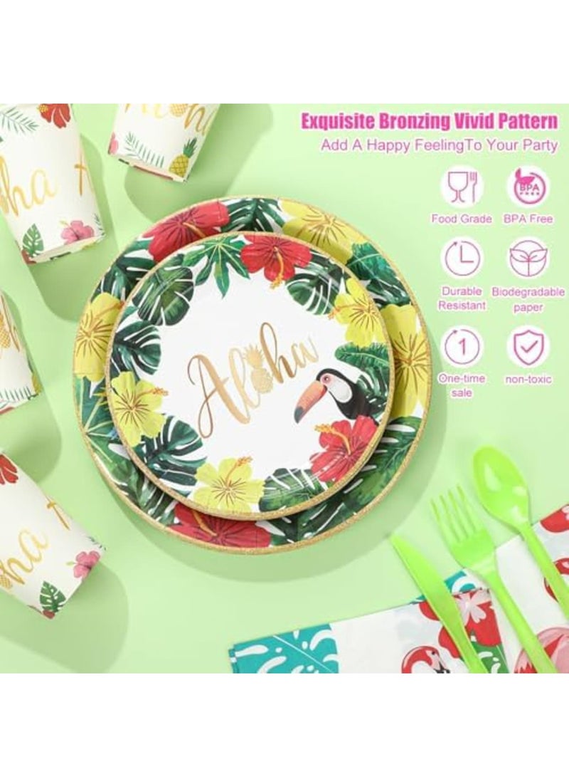 Luckam زينة حفلة ألوها، مجموعة زينة حفلة هاواي 118 قطعة أطباق ورقية أكواب مناديل مفرش طاولة للحفلات الصيفية على الشاطئ وحفلات المسبح للضيوف 16 - Image 5