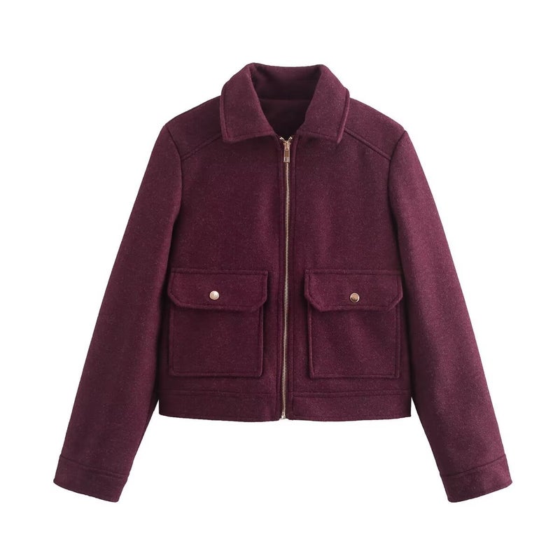 SAW AliExpress Independent Station Womens Clothing European and American Style Fashionable Simple All-Match Soft Wed Pocket Zipper Jacket Wine red 
