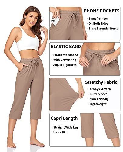 TARSE Womens Plus Size Capri Yoga Pants Loose Drawstring Capris Workout Sweatpants Soft Lounge PJ Crop Pants (Brown Tan,3XL XXXL) - Image 3