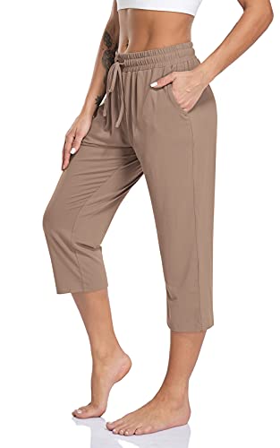 TARSE Womens Plus Size Capri Yoga Pants Loose Drawstring Capris Workout Sweatpants Soft Lounge PJ Crop Pants (Brown Tan,3XL XXXL) - Image 5
