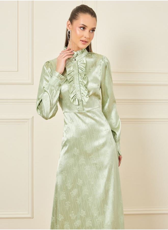 Styli - Satin Jacquard Print Ruffle Detail High Neck A-Line Maxi Dress - Image 1