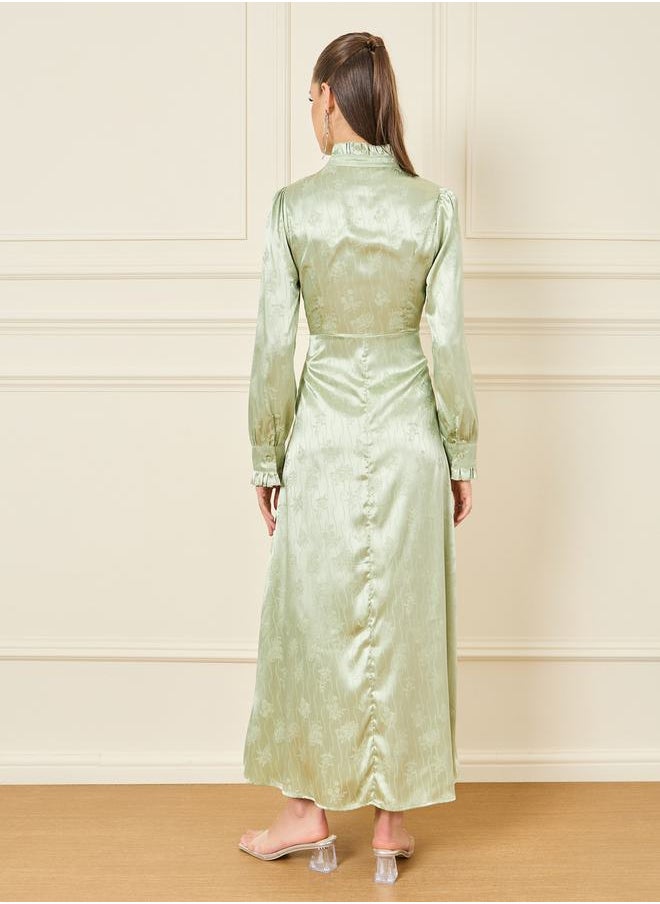 Styli - Satin Jacquard Print Ruffle Detail High Neck A-Line Maxi Dress - Image 1