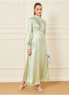 Satin Jacquard Print Ruffle Detail High Neck A-Line Maxi Dress