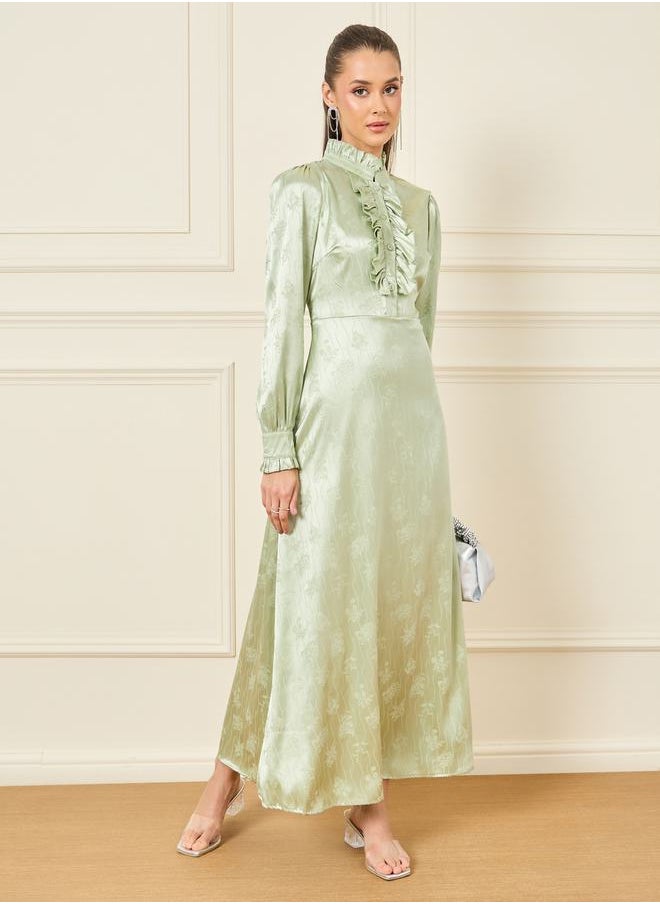 Styli - Satin Jacquard Print Ruffle Detail High Neck A-Line Maxi Dress - Image 1