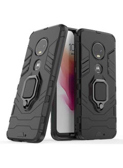 Compatible with Moto G7, Moto G7+ Case, Metal Ring Grip Kickstand Shockproof Hard Bumper Shell (Works with Magnetic Car Mount) Dual Layer Rugged Cover for Motorola Moto G7, Moto G7 Plus (Black)