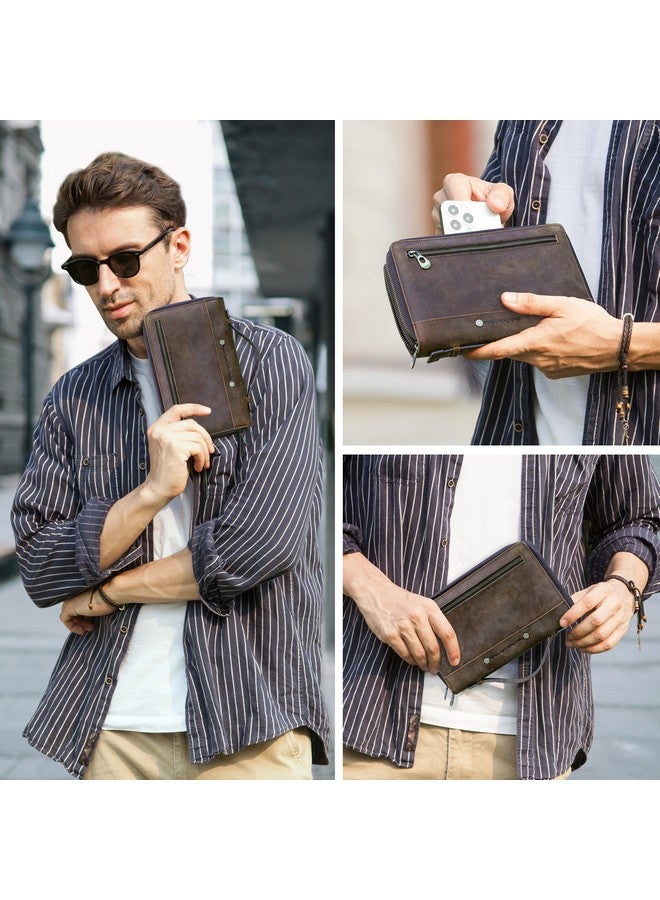 CONTACTS Crazy Horse Leather Men Clutch Hand Bags Genuine Leather Purse RFID Wallet Large Capacity Business Card Multifunction Zipper Handbag - Image 1