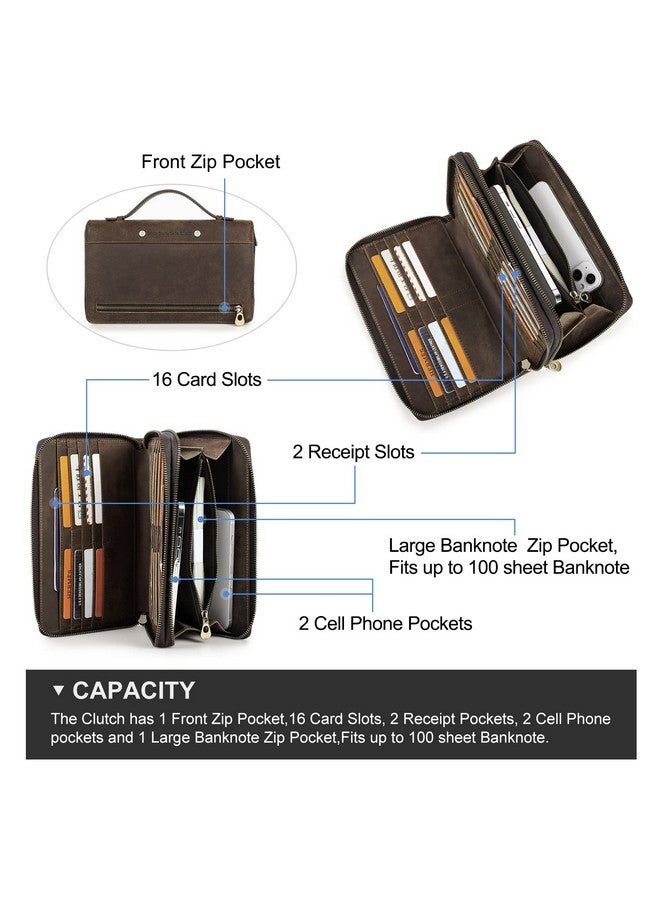 CONTACTS Crazy Horse Leather Men Clutch Hand Bags Genuine Leather Purse RFID Wallet Large Capacity Business Card Multifunction Zipper Handbag - Image 4