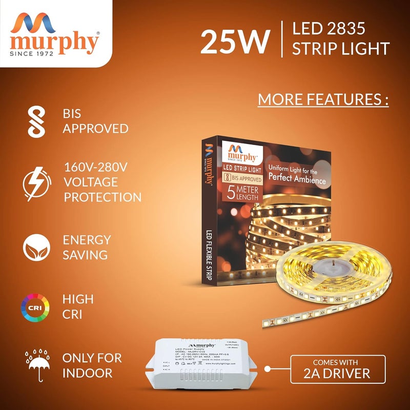 Murphy 25W LED Strip 2835 Cove Light 5 Metre Warm White Pack of 2 with Driver PCB - Image 3