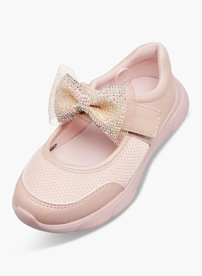 JUNIORS Girls Mesh Bow Detail Mary Jane Shoes with Hook and Loop Closure