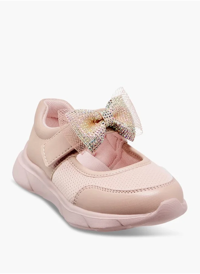 JUNIORS Girls Mesh Bow Detail Mary Jane Shoes with Hook and Loop Closure