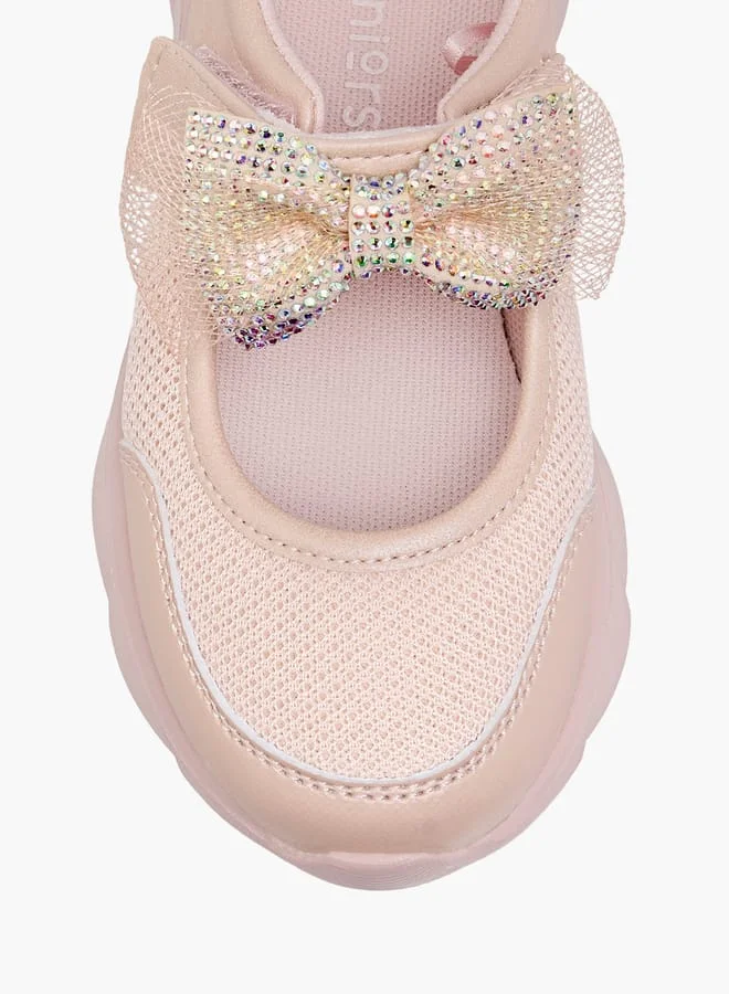 JUNIORS Girls Mesh Bow Detail Mary Jane Shoes with Hook and Loop Closure