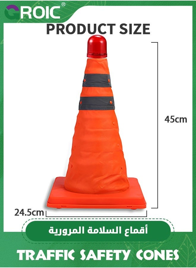 GROIC - 17.7 Inch Collapsible Traffic Safety Cones with Led Light, Orange Safety Cones, Multi Purpose Pop up Cones with Reflective Collar, for Road Parking, Extendable Road Parking Cones for Driving Practice - Image 1