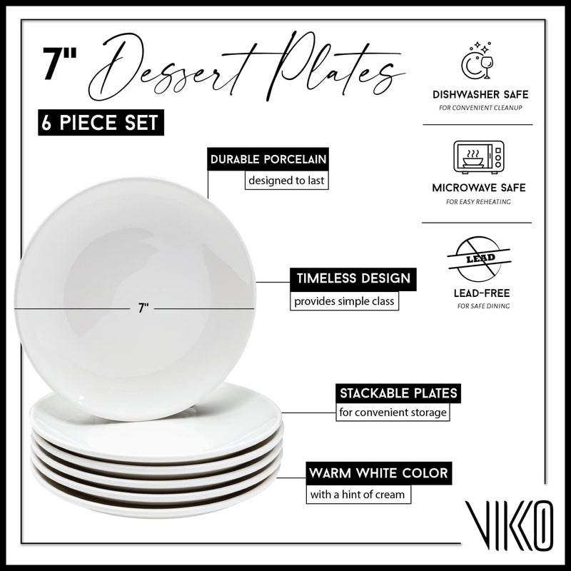 Vikko Dessert Plate Set of 6 White Plates Fine Porcelain Stackable 7 Inch Dessert Plates Dishwasher Safe 7 Dessert Plate - Image 2