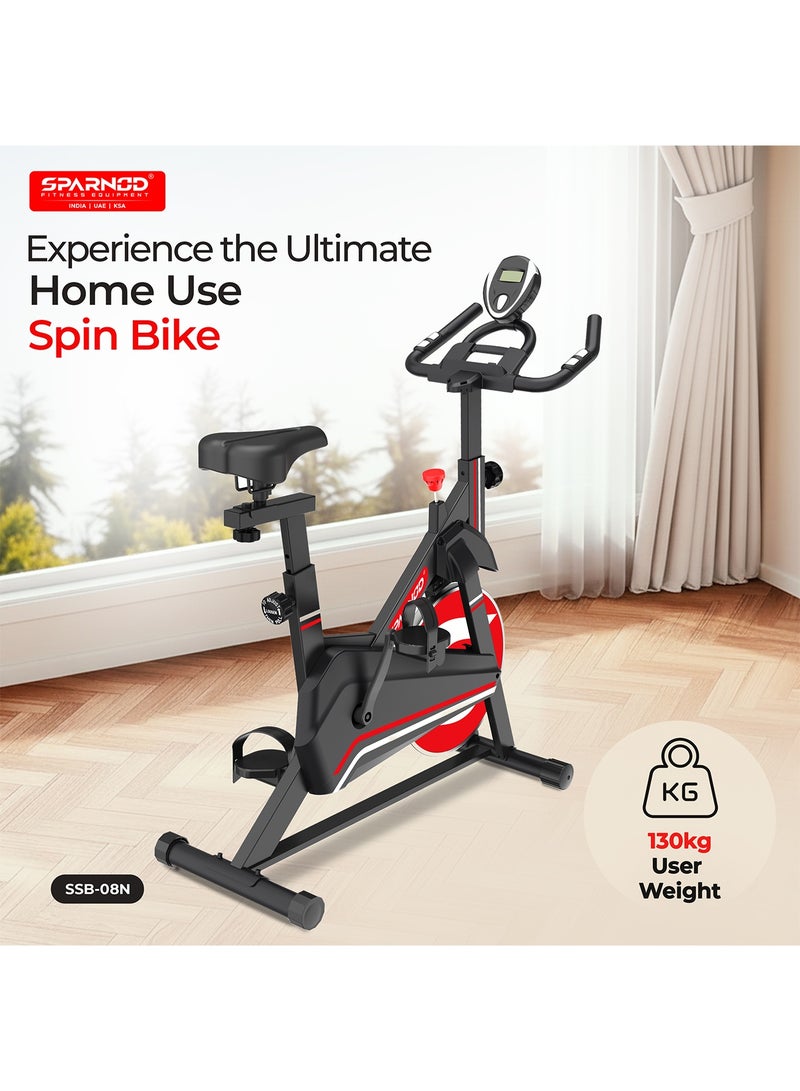 Sparnod Fitness SSB-08N Spin Bike Exercise Cycle for Home Gym with 8kg Flywheel, LED Display, Pulse Sensor, Adjustable Resistance, Silent Belt Drive, 4-way Adjustable Cushioned Seat and 2-way Handlebar - Image 2
