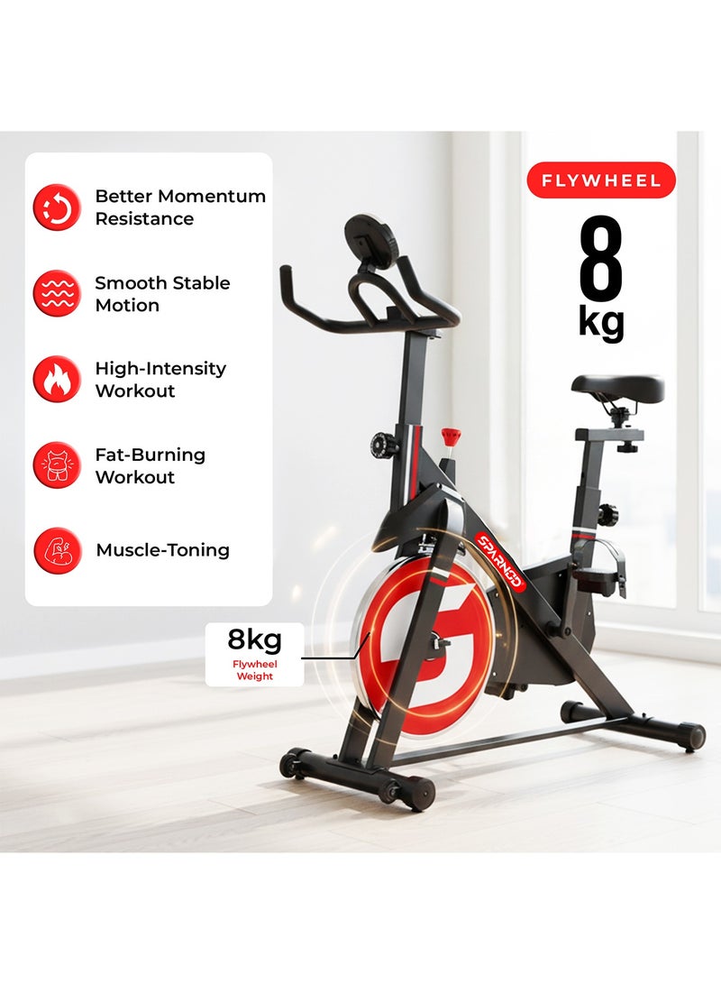 Sparnod Fitness SSB-08N Spin Bike Exercise Cycle for Home Gym with 8kg Flywheel, LED Display, Pulse Sensor, Adjustable Resistance, Silent Belt Drive, 4-way Adjustable Cushioned Seat and 2-way Handlebar - Image 5