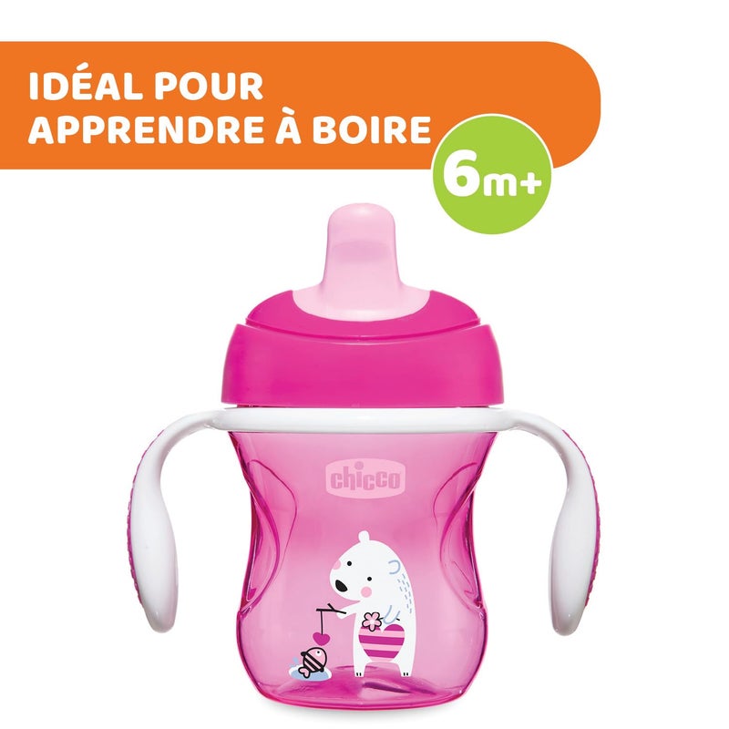 Chicco Baby Training Sippy Cup for 6+ months, 200ml | Semi Soft Bite-Resistant Spout | Spill Proof | Easy Grip | BPA Free Material (Pink) - Image 3