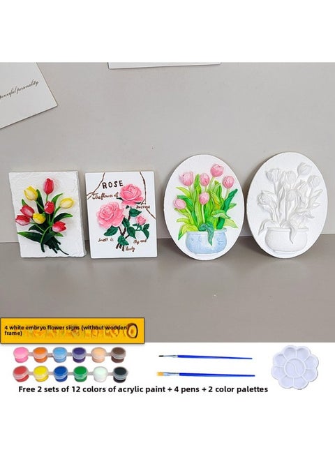 Lily Plaster Doll Painted White Embryo Diy Handmade Graffiti Tulip Three-dimensional Relief Painting Activity Group Building-Color:[no Wooden Frame] 4 Flower Card Combinations (2 Tulips + Roses + Square Tulips) + 2 Sets Of 12 Colors Of Paint
