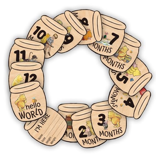 PAMBO Baby Bear Month Milestone Circles, Wooden Honey Pot Shaped, for Baby Photo Shoots with 'Hello, World' Name Signs - 7 Double-Sided Signs for Documenting Growth - Image 5