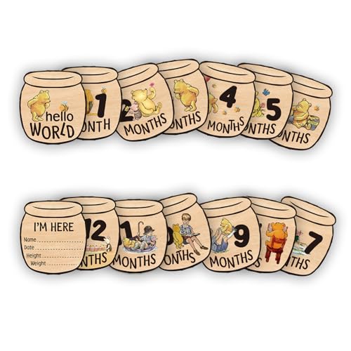 PAMBO Baby Bear Month Milestone Circles, Wooden Honey Pot Shaped, for Baby Photo Shoots with 'Hello, World' Name Signs - 7 Double-Sided Signs for Documenting Growth - Image 1
