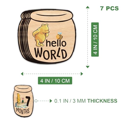 PAMBO Baby Bear Month Milestone Circles, Wooden Honey Pot Shaped, for Baby Photo Shoots with 'Hello, World' Name Signs - 7 Double-Sided Signs for Documenting Growth - Image 3