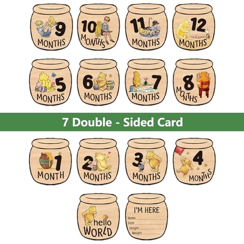 PAMBO Baby Bear Month Milestone Circles, Wooden Honey Pot Shaped, for Baby Photo Shoots with 'Hello, World' Name Signs - 7 Double-Sided Signs for Documenting Growth - Image 4
